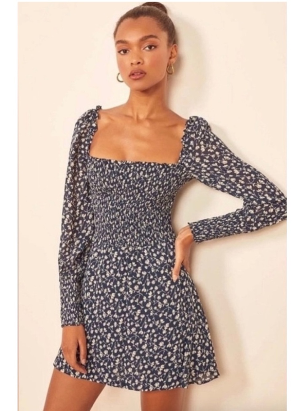 Reformation Kelli Smocked Fit & Flare Mini Dress Navy Floral Women's Size Small